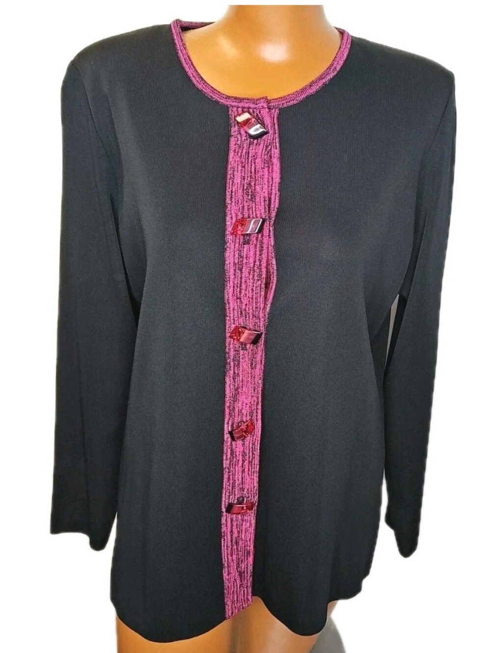 Vtg Misook Woman S Cardigan Lady Sweater Jacket Black Knit Lucite Shank Buttons